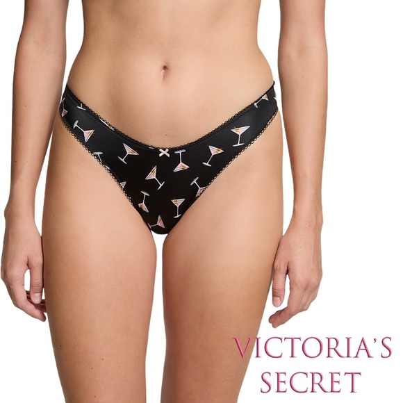 Victoria's Secret High-Leg Thong Panty Cocktail Martini Print Lacy Satin Bow Y2K - Picture 11 of 13